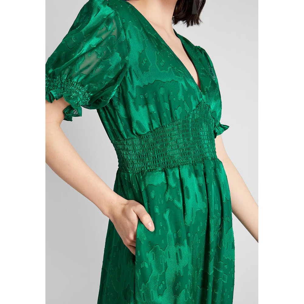 Hutch Empire Smocked Ruffle Short Sleeve Maxi Dress Holiday Green Pockets Size 6 - Picture 5 of 16